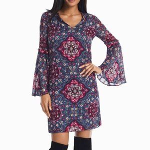 White House Black Market Shift Dress Small Long Bell Sleeves Boho Print